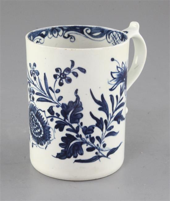 A Lowestoft blue and white cylindrical mug, c.1770, height 12cm